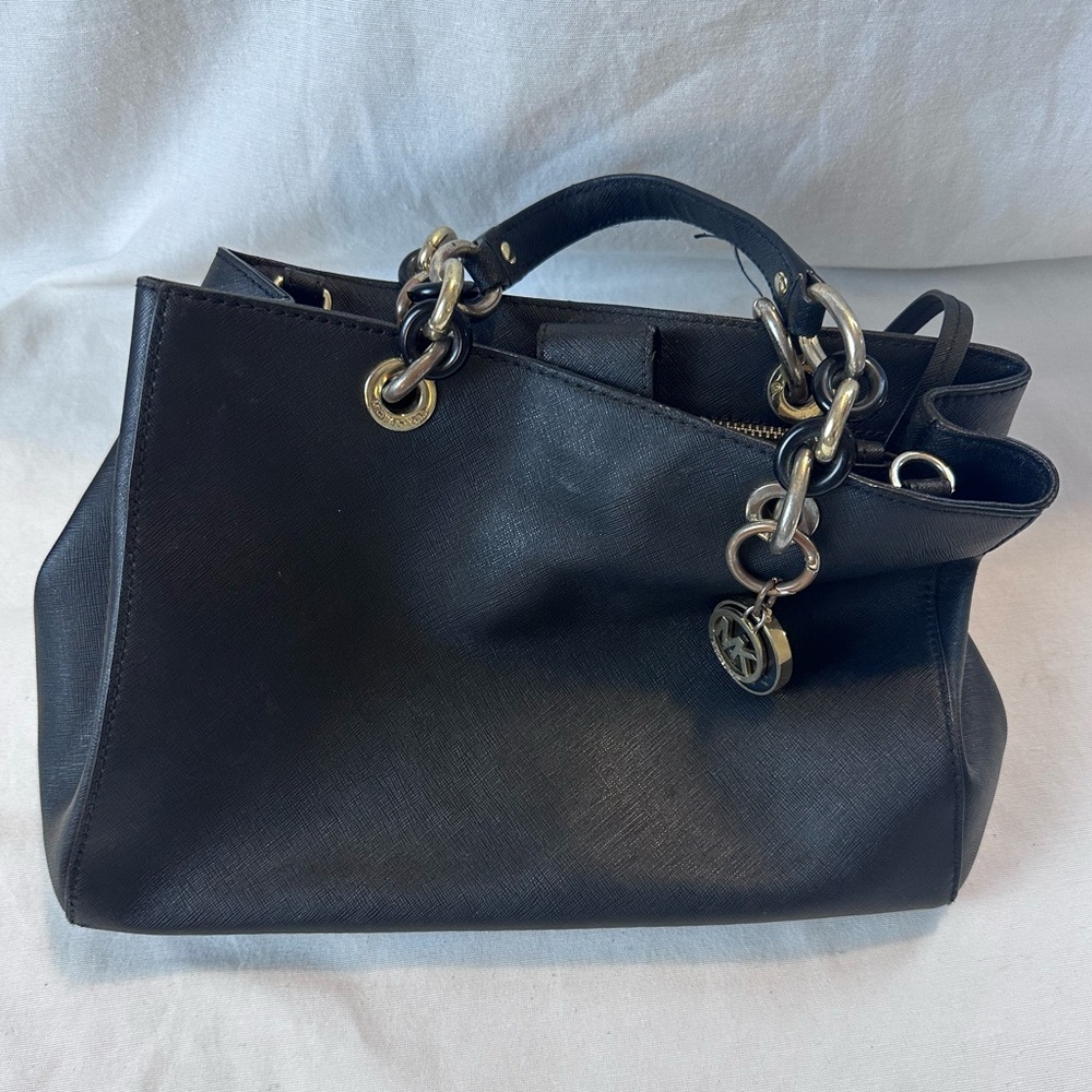 Michael Kors Black Leather Chain Shoulder Tote Bag – Saffiano – Gold Hardware